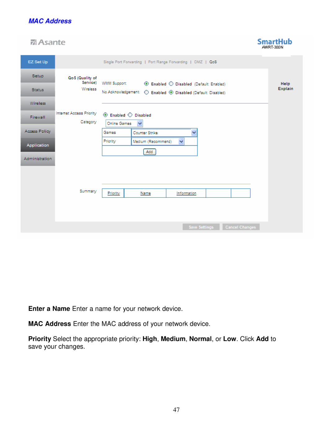 Asante Technologies AWRT-300N user manual MAC Address 