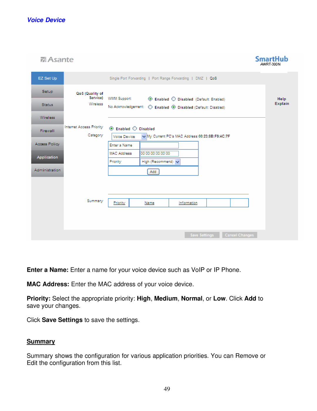 Asante Technologies AWRT-300N user manual Voice Device, Summary 