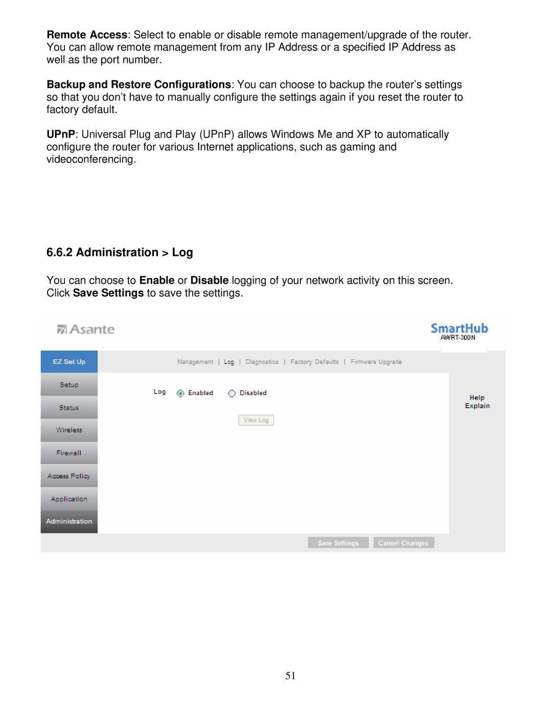 Asante Technologies AWRT-300N user manual Administration Log 