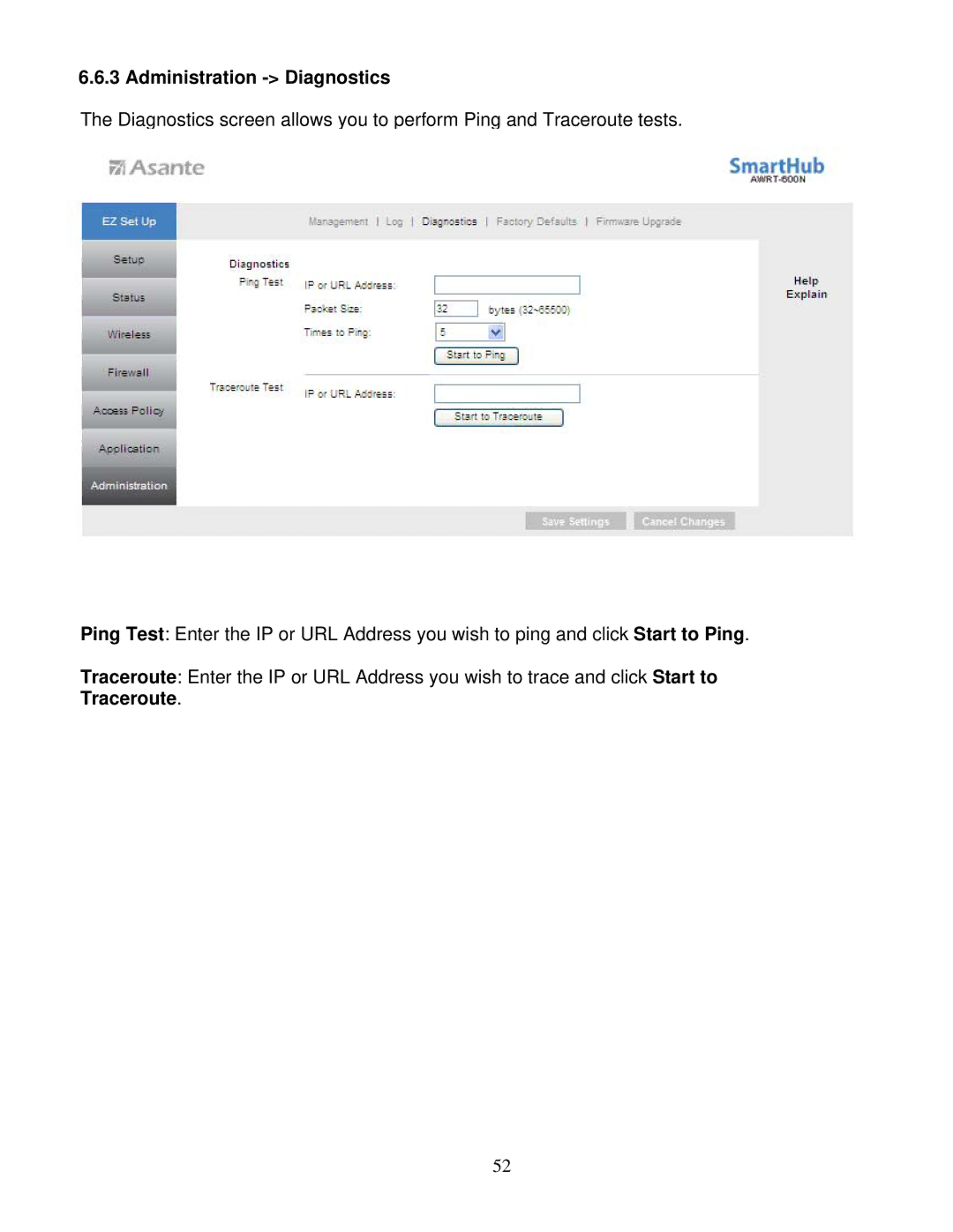 Asante Technologies AWRT-300N user manual Administration Diagnostics 