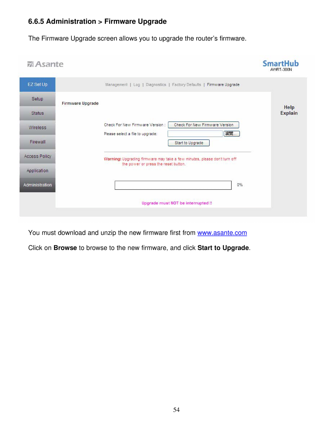 Asante Technologies AWRT-300N user manual Administration Firmware Upgrade 