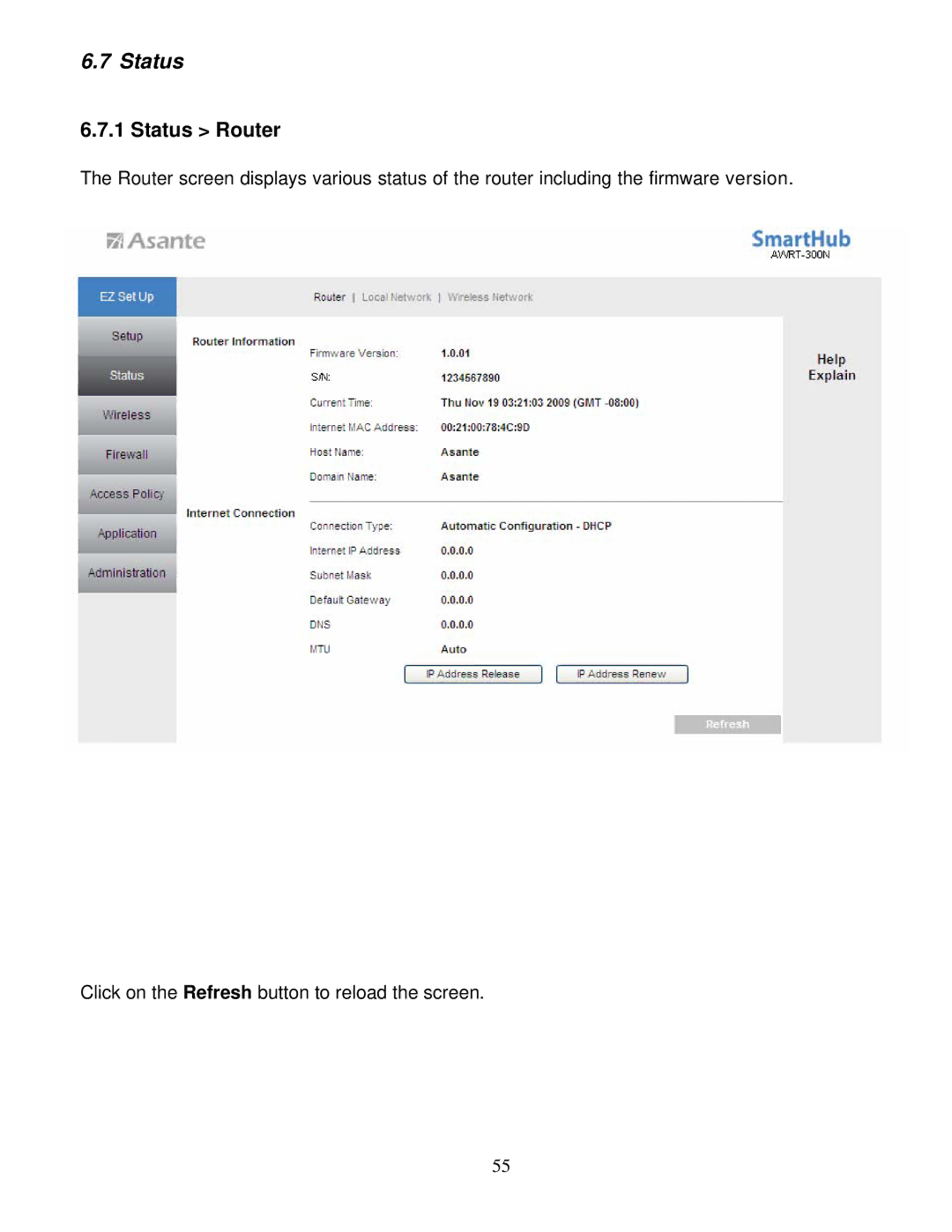 Asante Technologies AWRT-300N user manual Status Router 