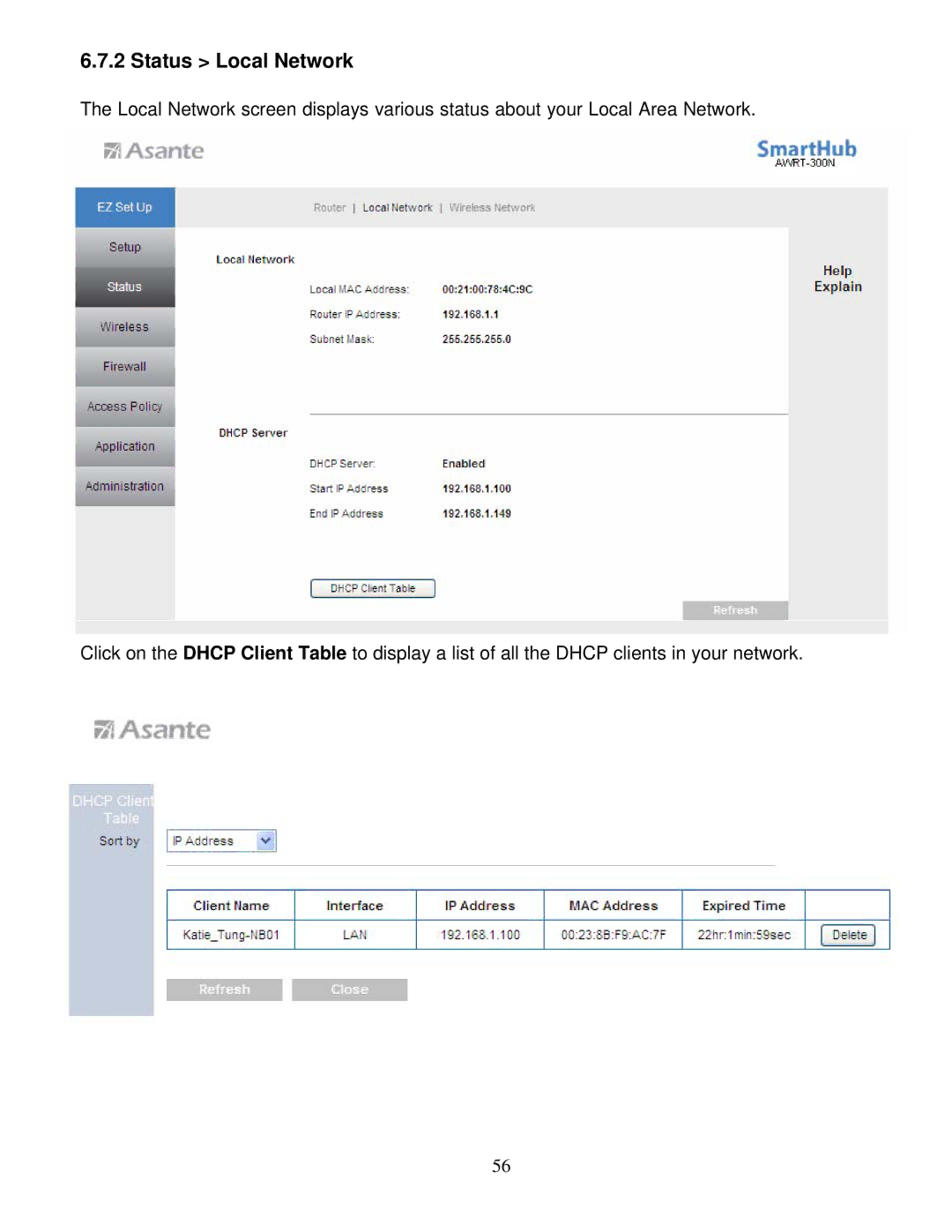 Asante Technologies AWRT-300N user manual Status Local Network 