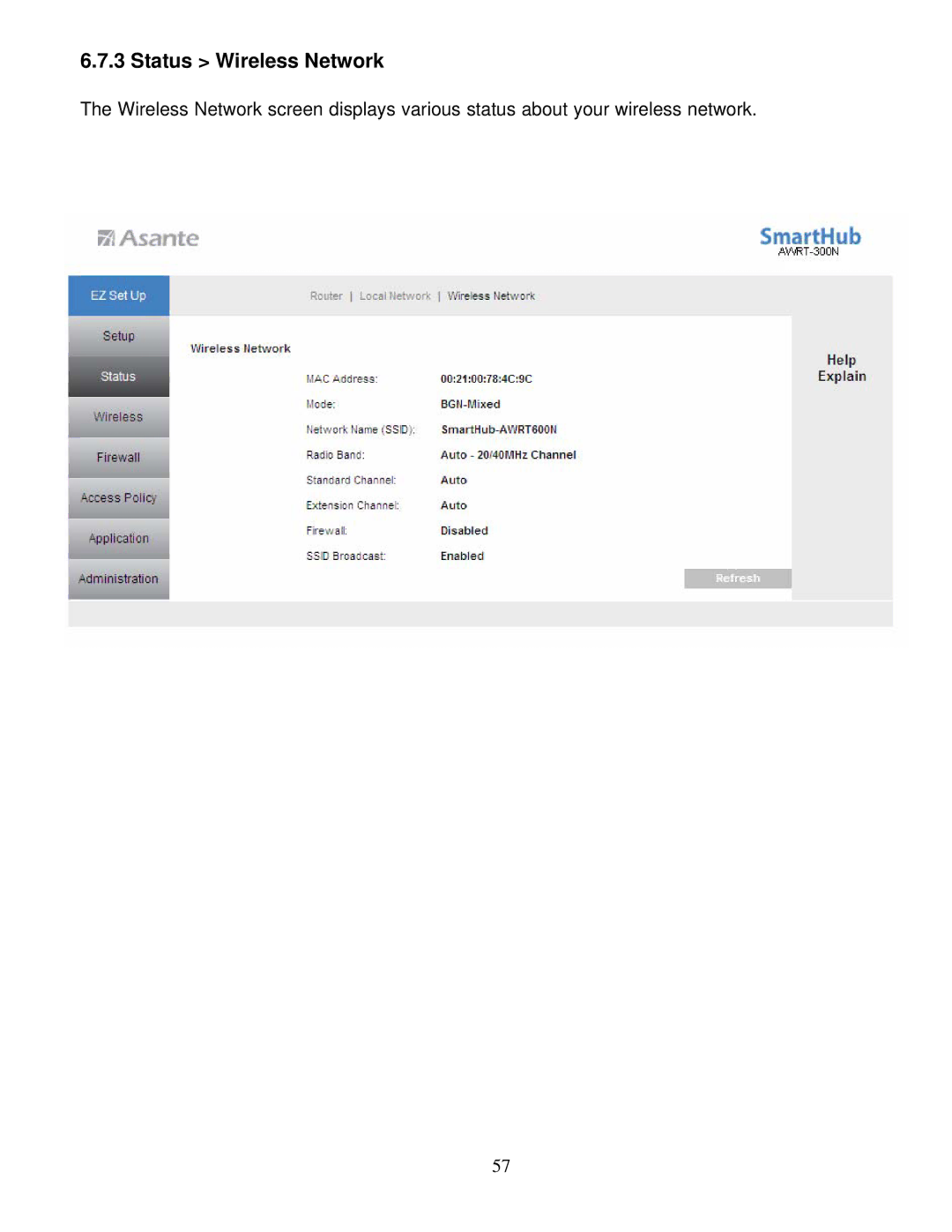 Asante Technologies AWRT-300N user manual Status Wireless Network 