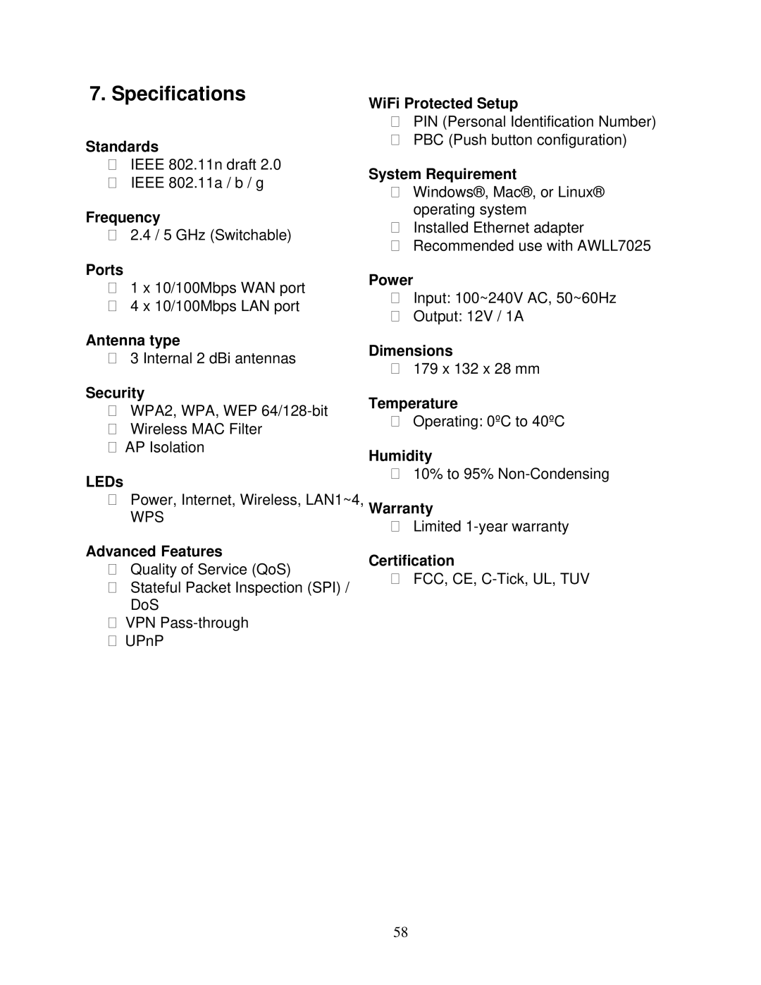 Asante Technologies AWRT-300N user manual Specifications 