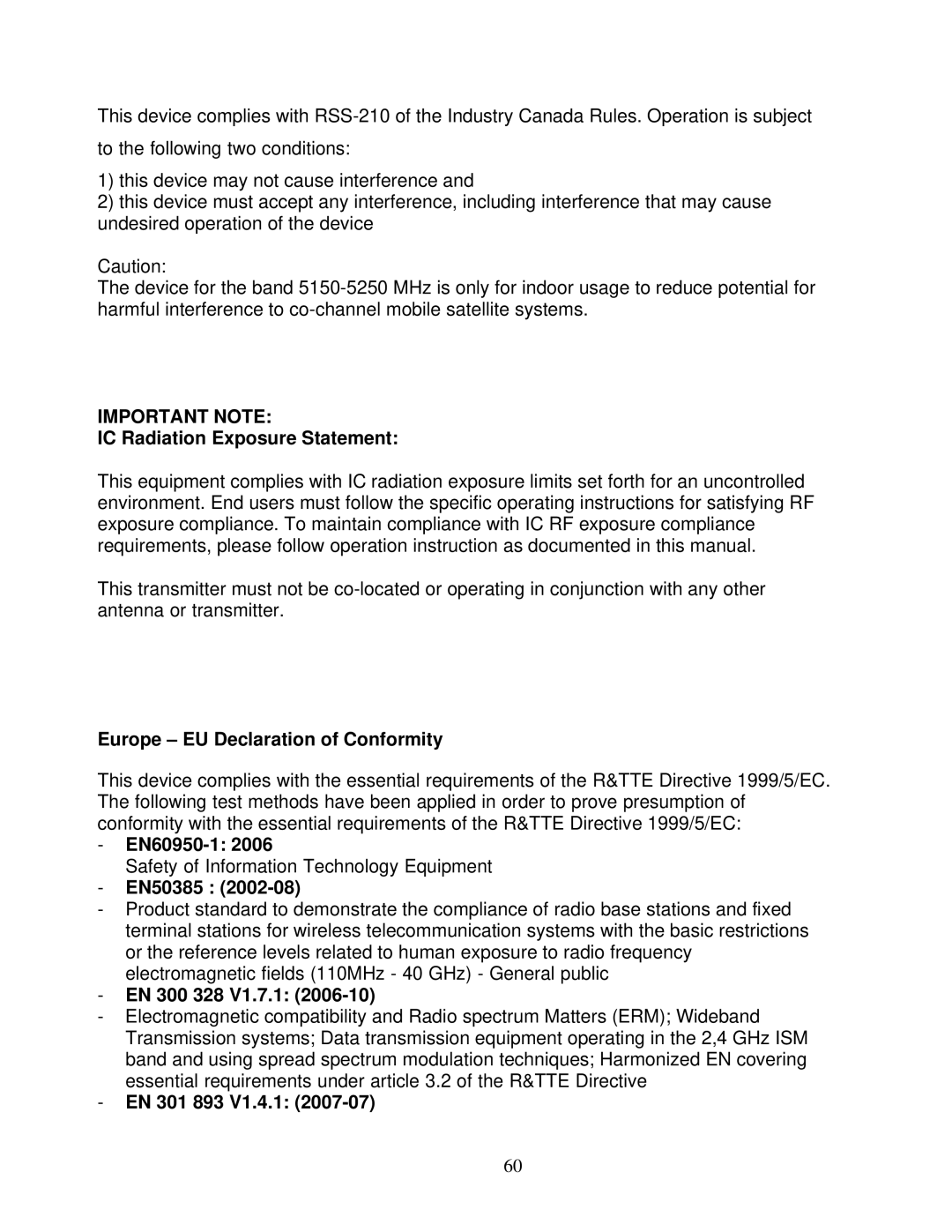 Asante Technologies AWRT-300N IC Radiation Exposure Statement, Europe EU Declaration of Conformity, EN60950-1, EN50385 