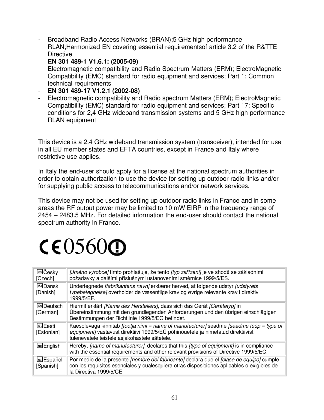 Asante Technologies AWRT-300N user manual EN 301 489-1 V1.6.1, EN 301 489-17 V1.2.1 