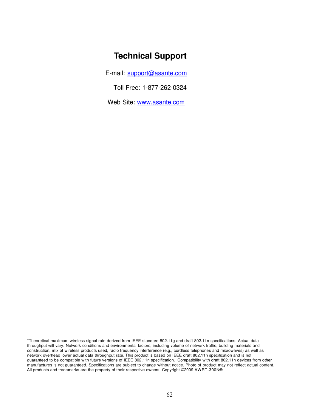 Asante Technologies AWRT-300N user manual Technical Support, Mailsupport@asante.com 