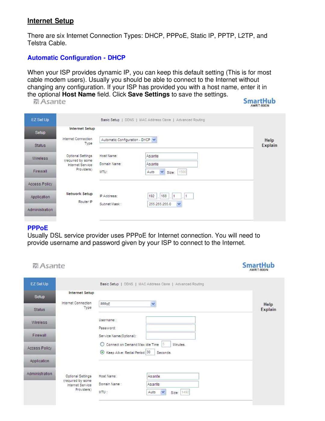 Asante Technologies AWRT-600N user manual Internet Setup, Automatic Configuration Dhcp, PPPoE 