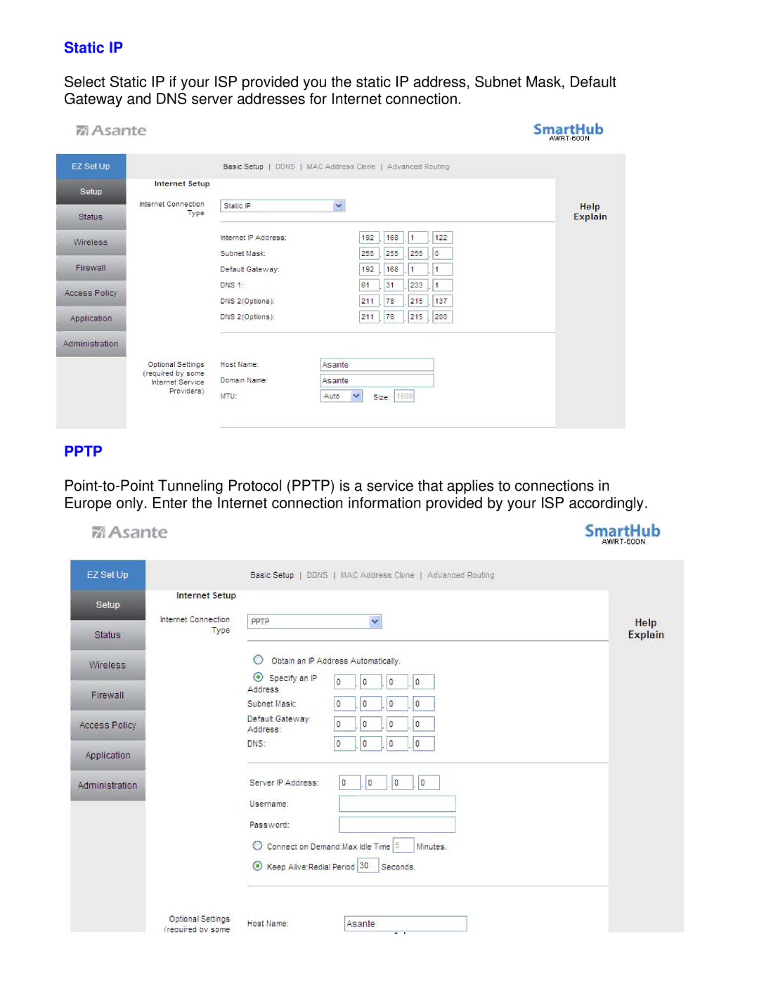 Asante Technologies AWRT-600N user manual Static IP, Pptp 