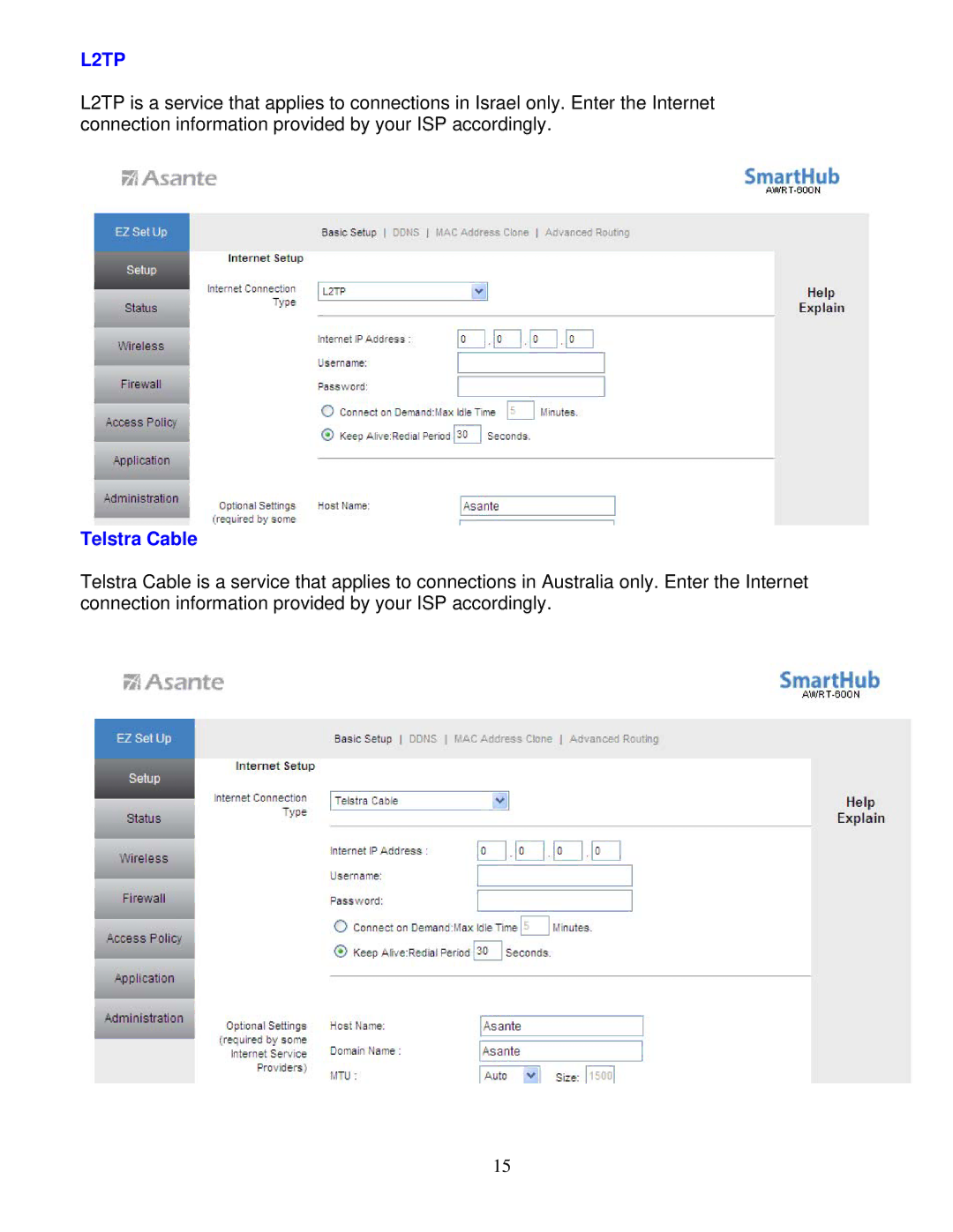 Asante Technologies AWRT-600N user manual L2TP, Telstra Cable 