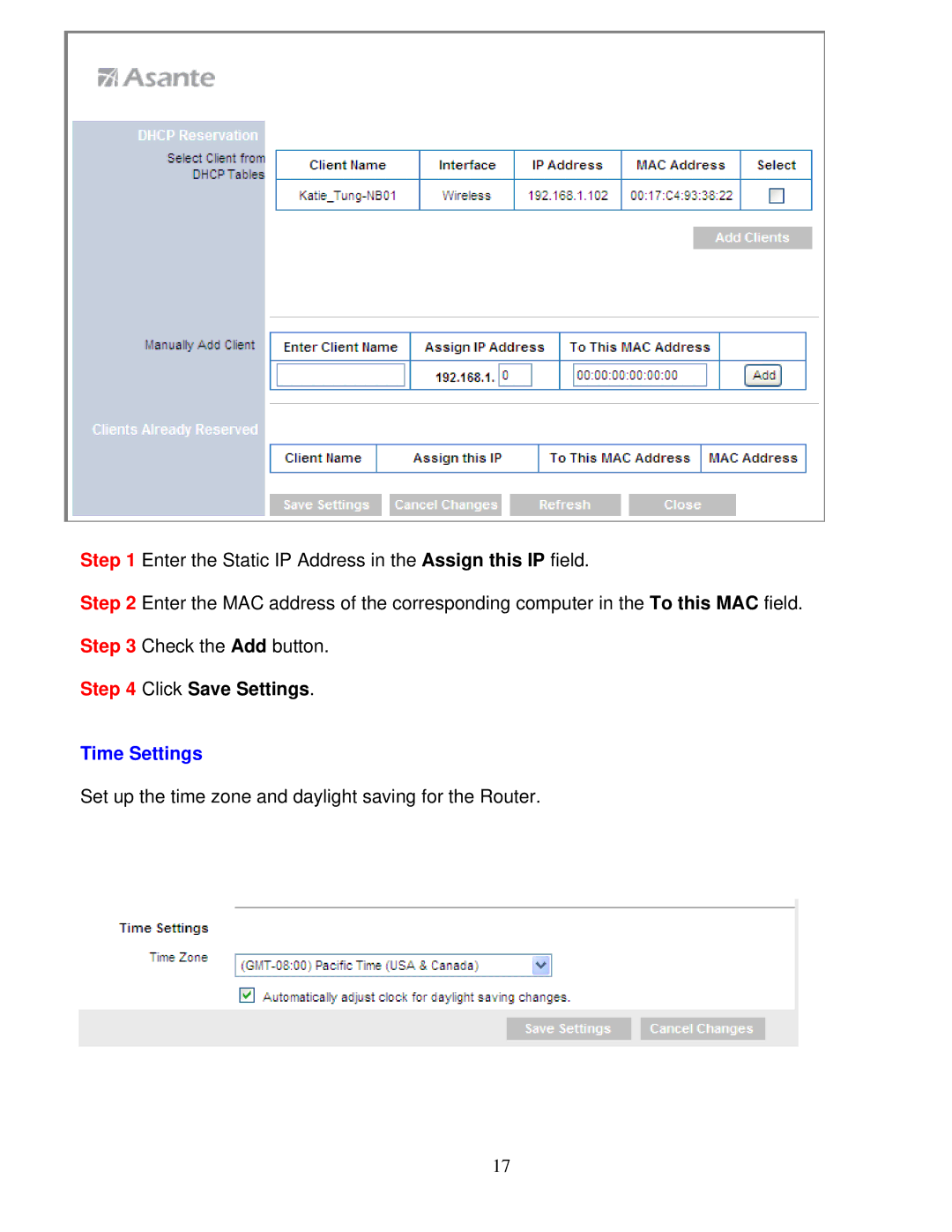 Asante Technologies AWRT-600N user manual Click Save Settings, Time Settings 