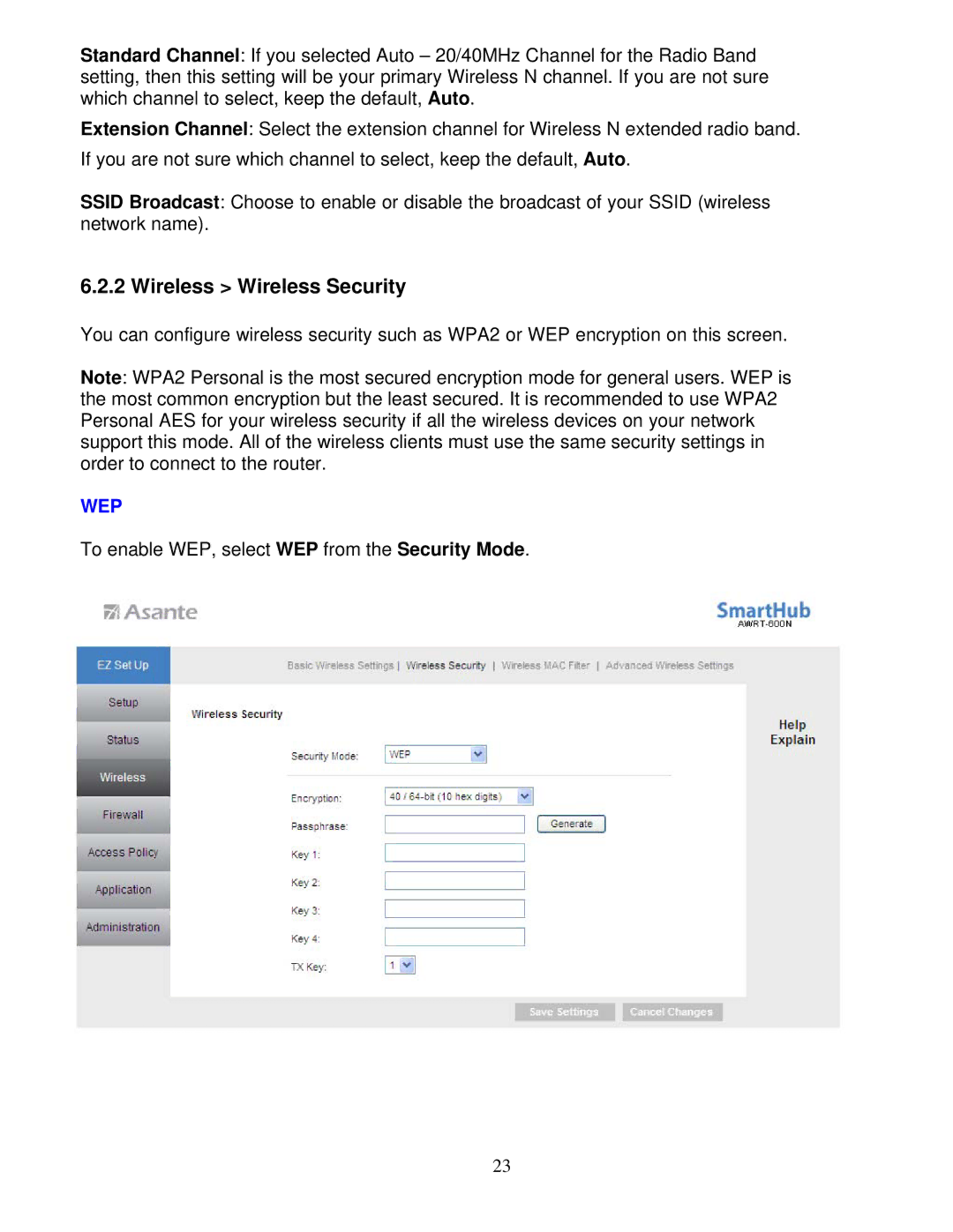 Asante Technologies AWRT-600N user manual Wireless Wireless Security, Wep 