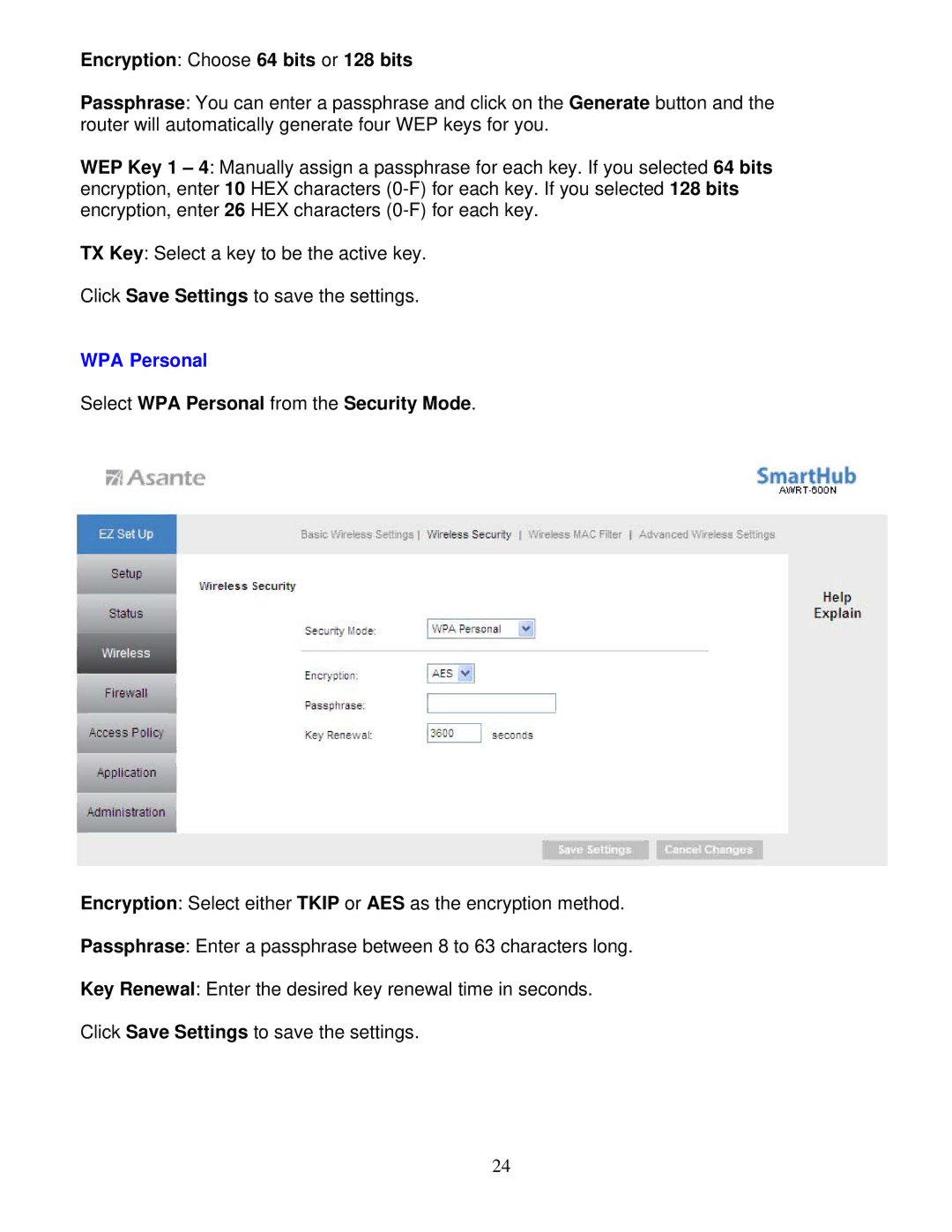Asante Technologies AWRT-600N user manual Encryption Choose 64 bits or 128 bits, WPA Personal 