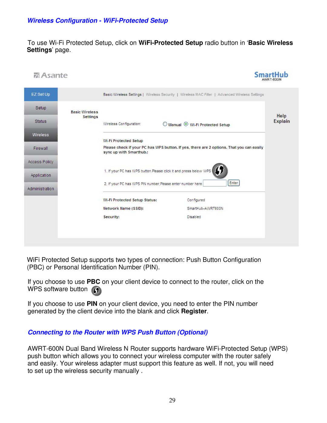 Asante Technologies AWRT-600N user manual Wireless Configuration WiFi-Protected Setup 