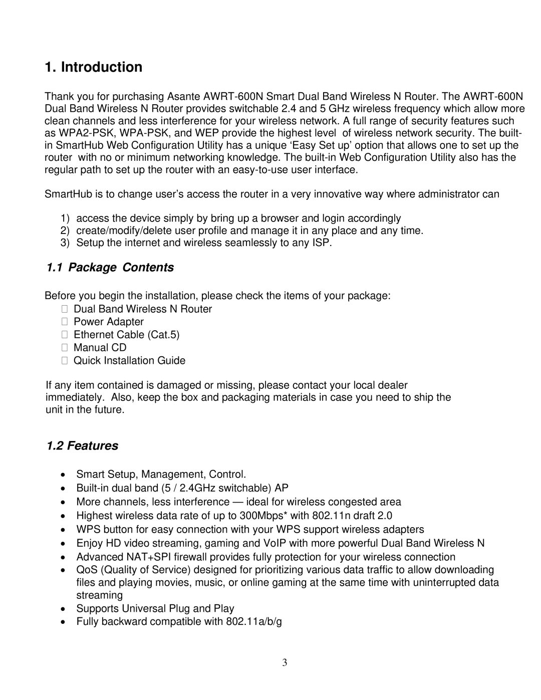 Asante Technologies AWRT-600N user manual Introduction, Package Contents, Features 