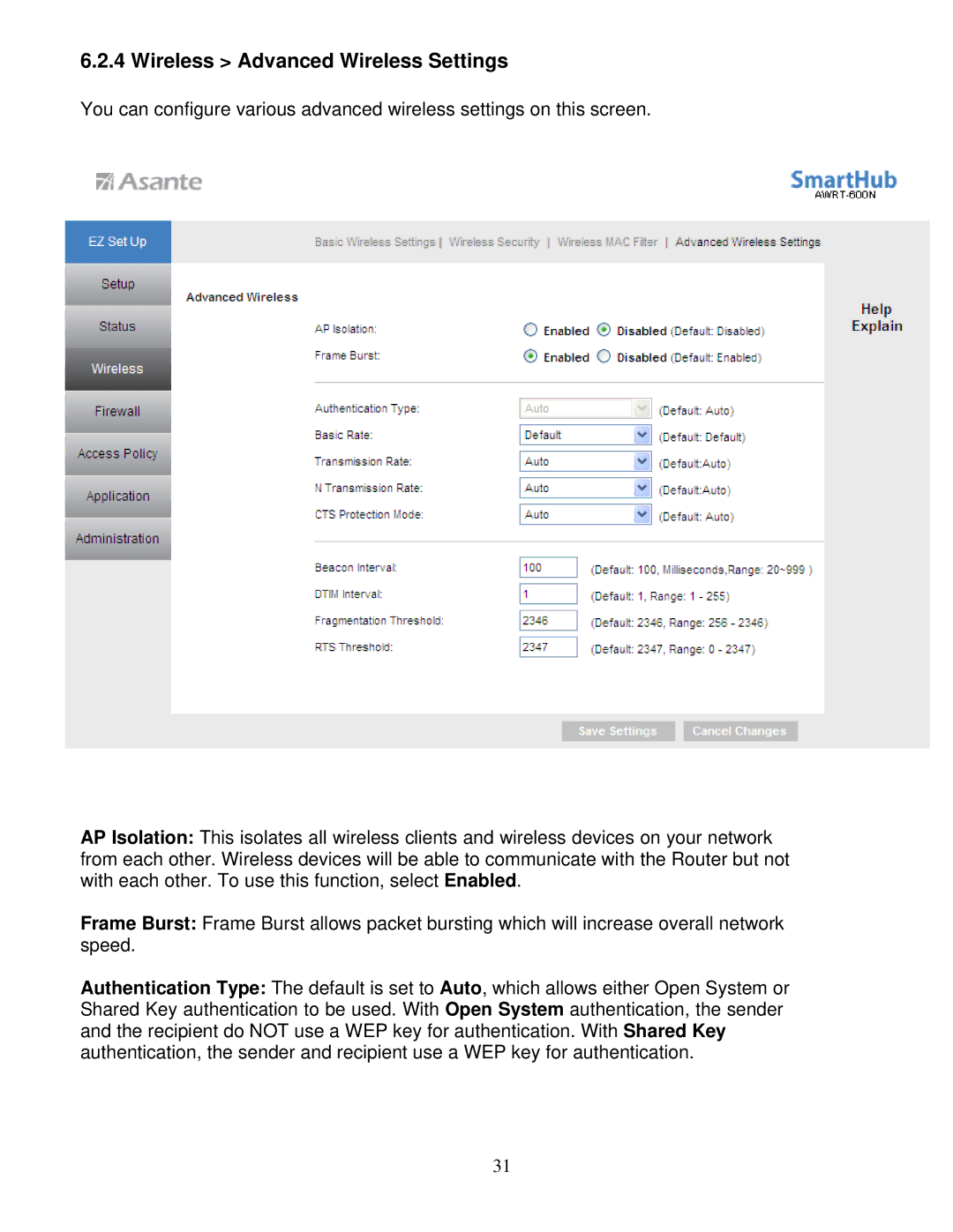 Asante Technologies AWRT-600N user manual Wireless Advanced Wireless Settings 