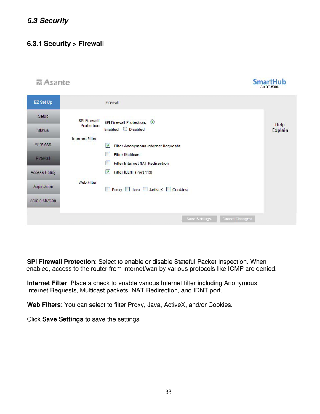 Asante Technologies AWRT-600N user manual Security Firewall 