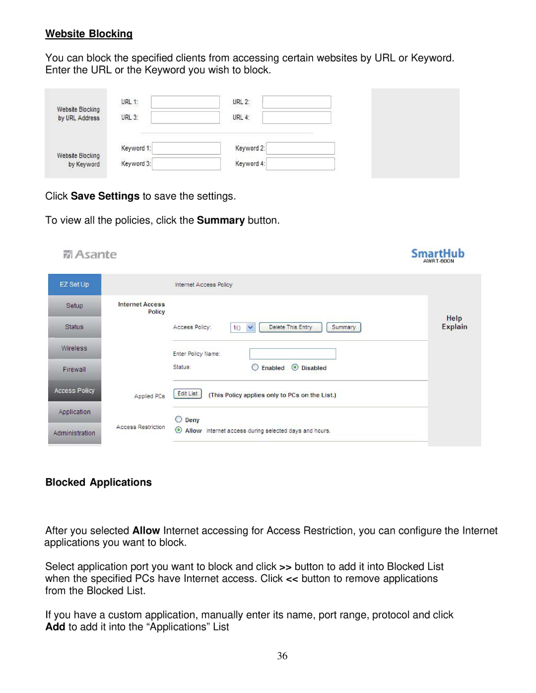 Asante Technologies AWRT-600N user manual Website Blocking, Blocked Applications 