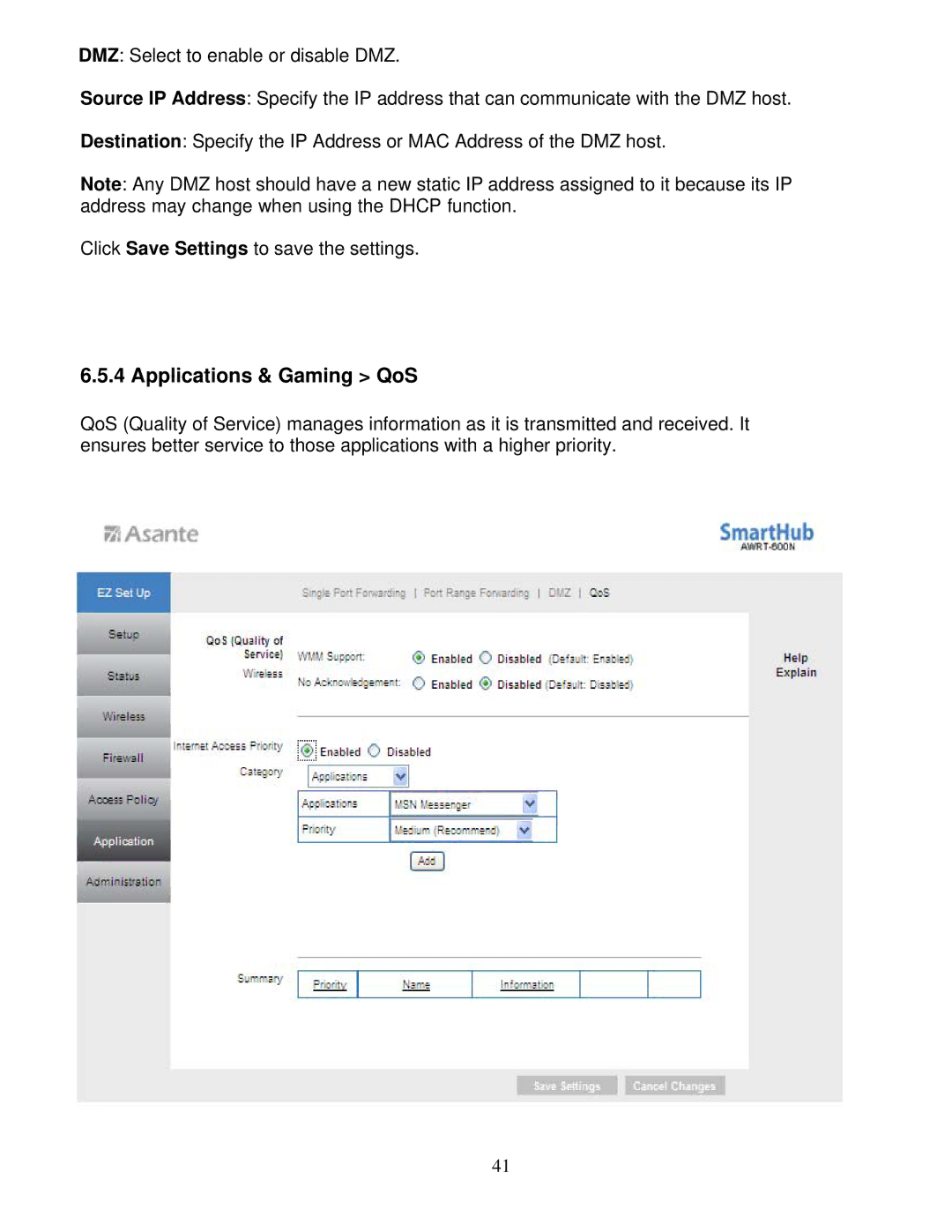 Asante Technologies AWRT-600N user manual Applications & Gaming QoS 