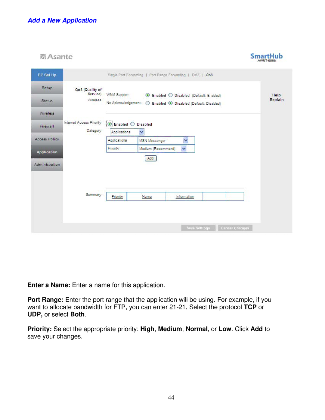 Asante Technologies AWRT-600N user manual Add a New Application 