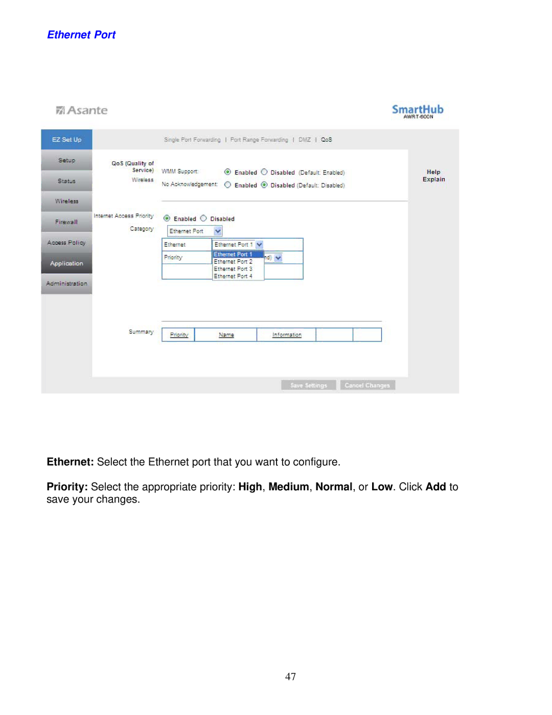 Asante Technologies AWRT-600N user manual Ethernet Port 