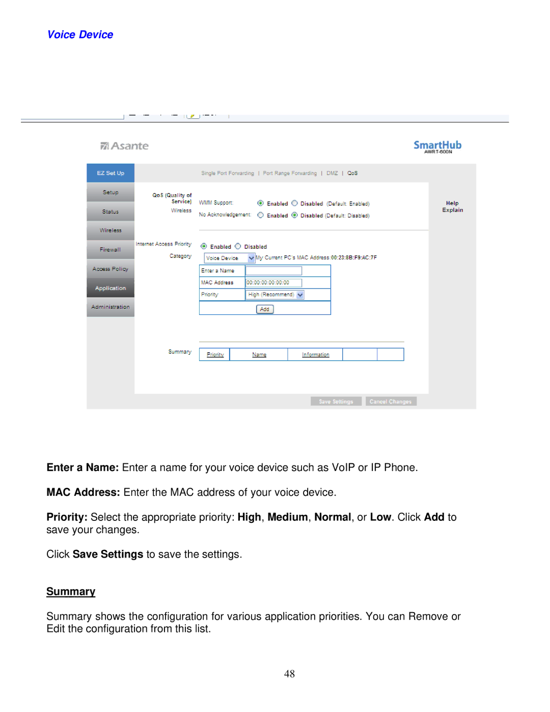 Asante Technologies AWRT-600N user manual Voice Device, Summary 