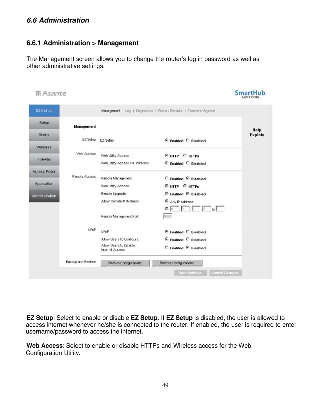 Asante Technologies AWRT-600N user manual Administration Management 