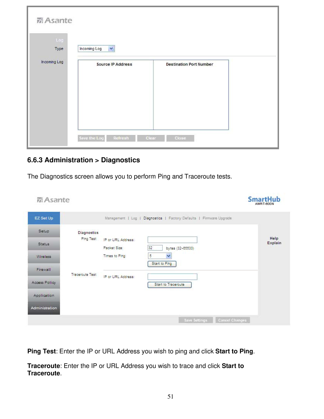 Asante Technologies AWRT-600N user manual Administration Diagnostics 