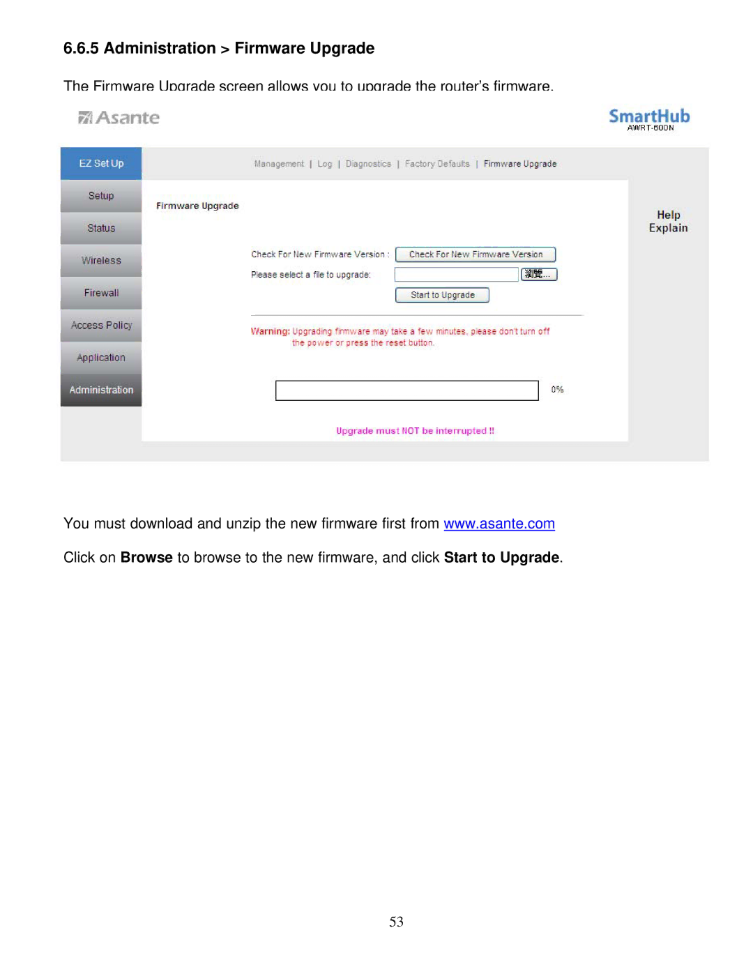 Asante Technologies AWRT-600N user manual Administration Firmware Upgrade 