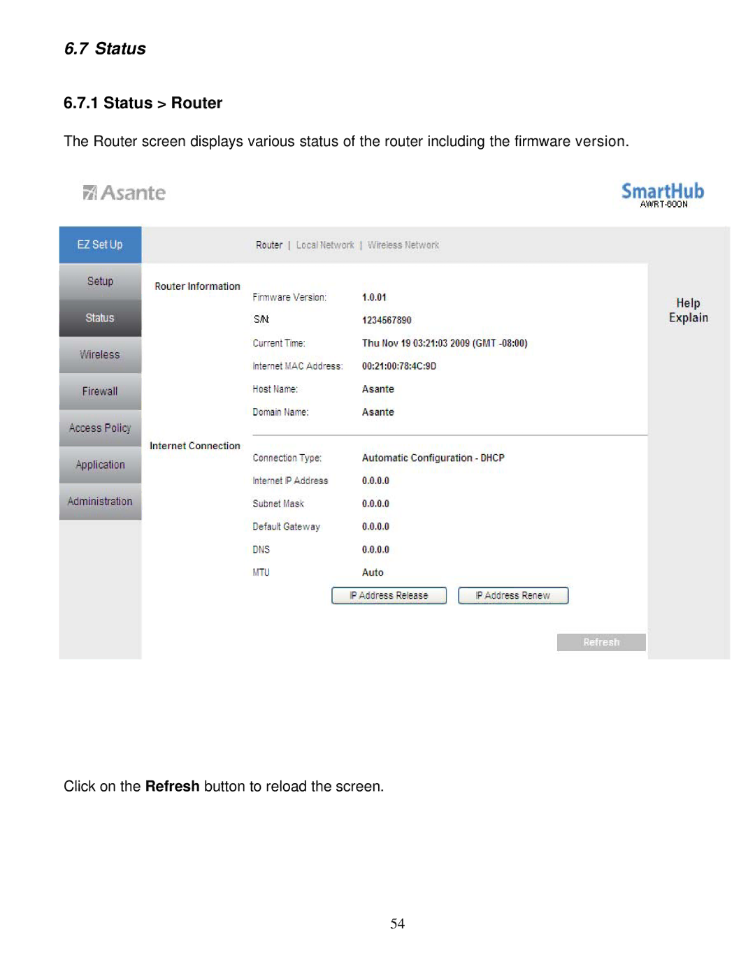 Asante Technologies AWRT-600N user manual Status Router 