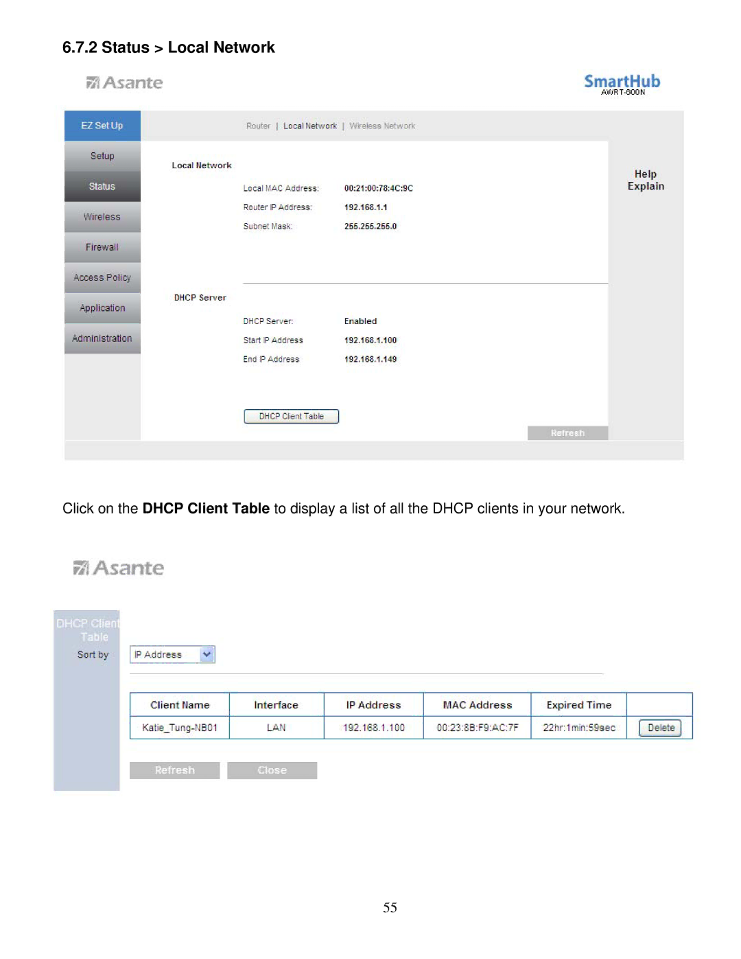 Asante Technologies AWRT-600N user manual Status Local Network 