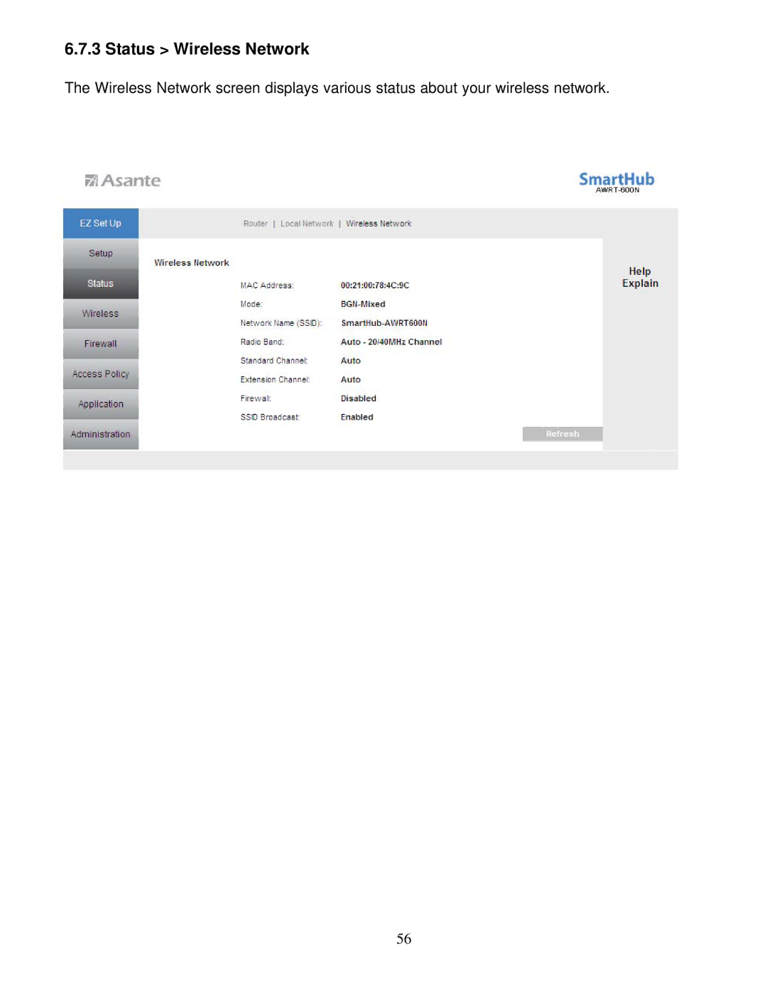 Asante Technologies AWRT-600N user manual Status Wireless Network 