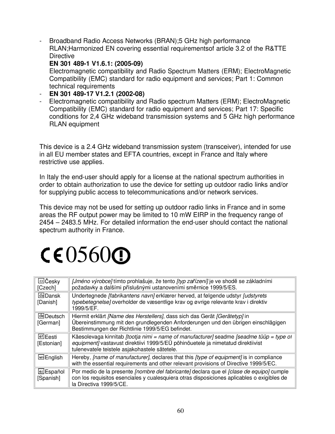 Asante Technologies AWRT-600N user manual EN 301 489-1 V1.6.1, EN 301 489-17 V1.2.1 