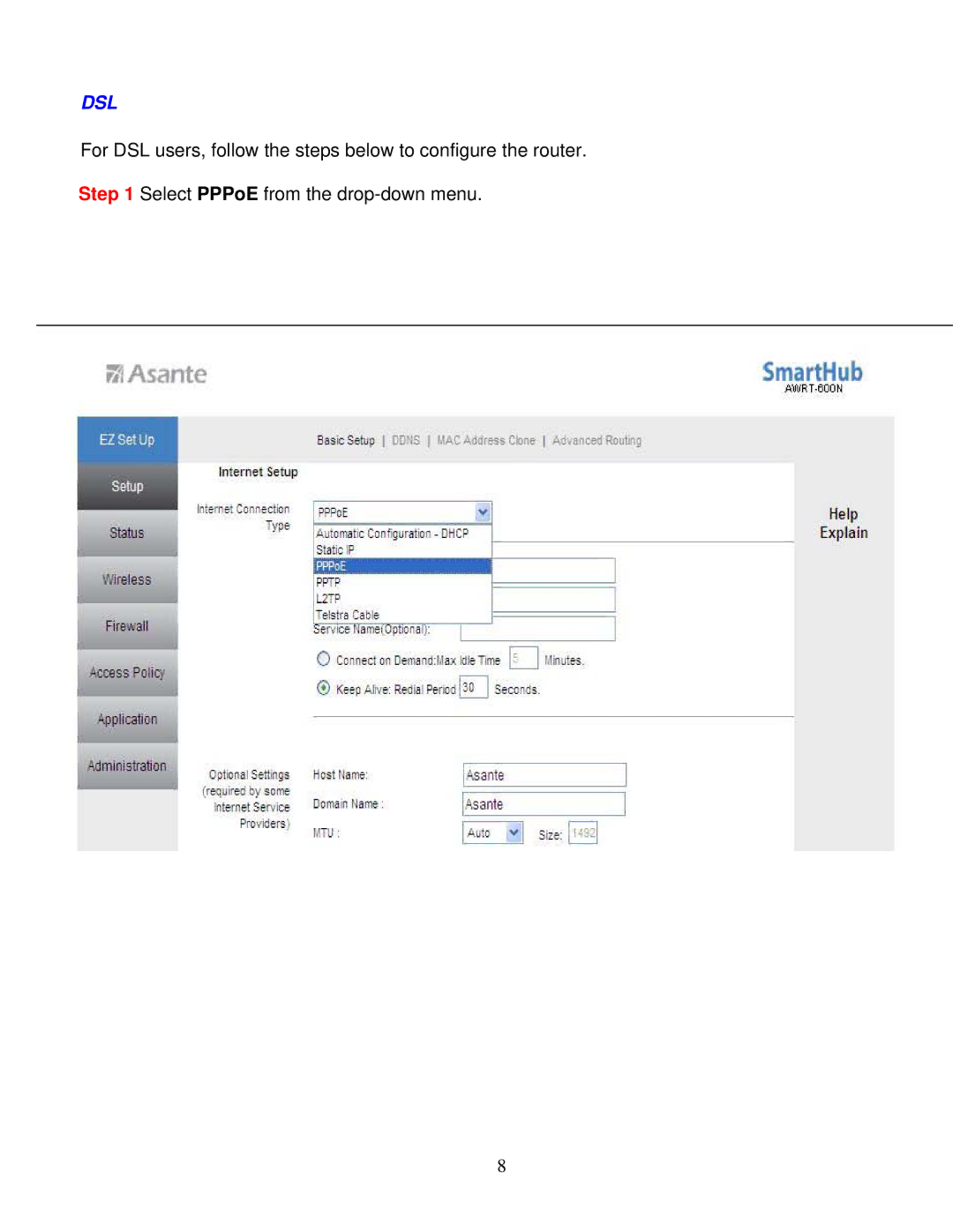 Asante Technologies AWRT-600N user manual Dsl 