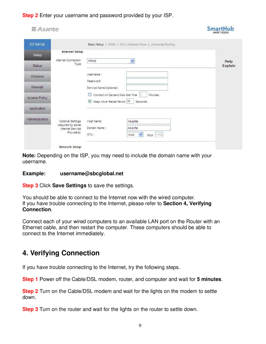 Asante Technologies AWRT-600N user manual Verifying Connection, Example username@sbcglobal.net 