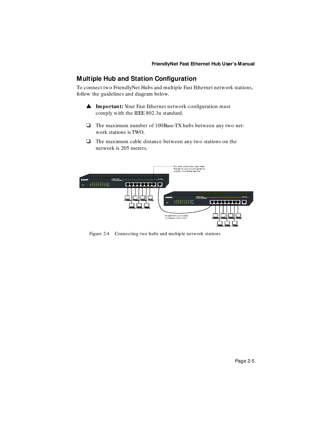 Asante Technologies FH100TX8 Multiple Hub and Station Conﬁguration, Connecting two hubs and multiple network stations 