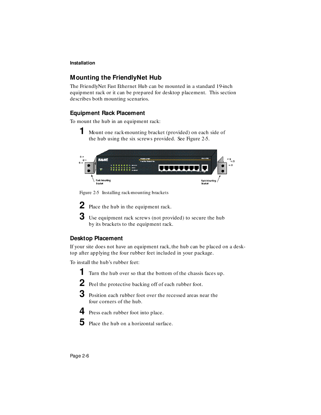 Asante Technologies FH100TX16, FH100TX8 user manual Mounting the FriendlyNet Hub, Equipment Rack Placement 