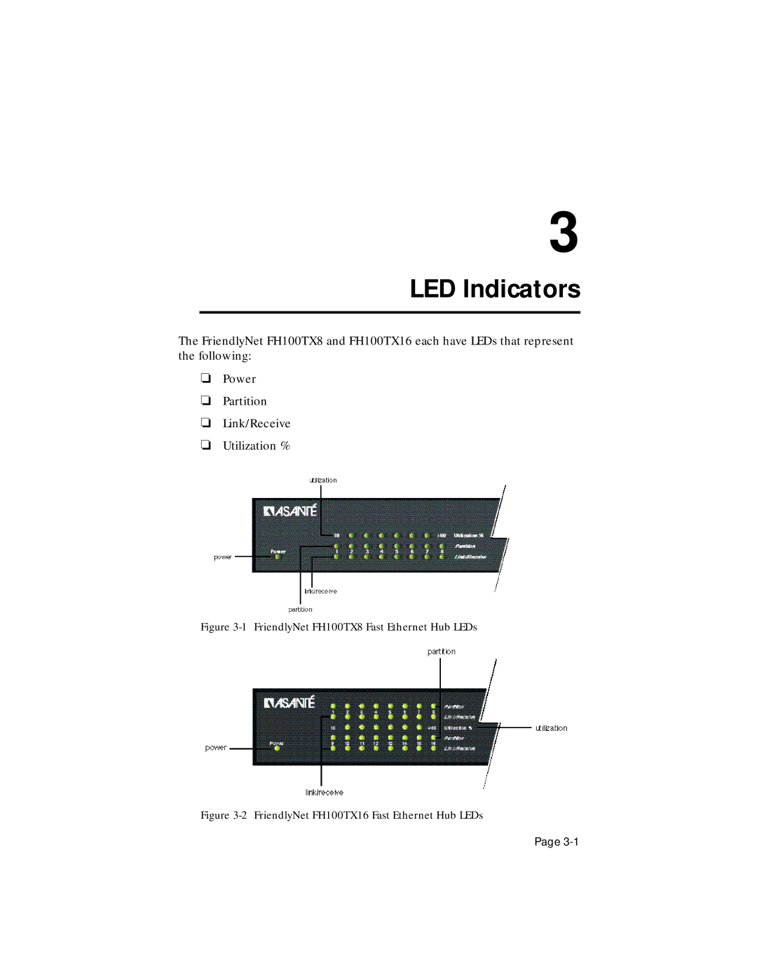 Asante Technologies FH100TX16 user manual LED Indicators, FriendlyNet FH100TX8 Fast Ethernet Hub LEDs 