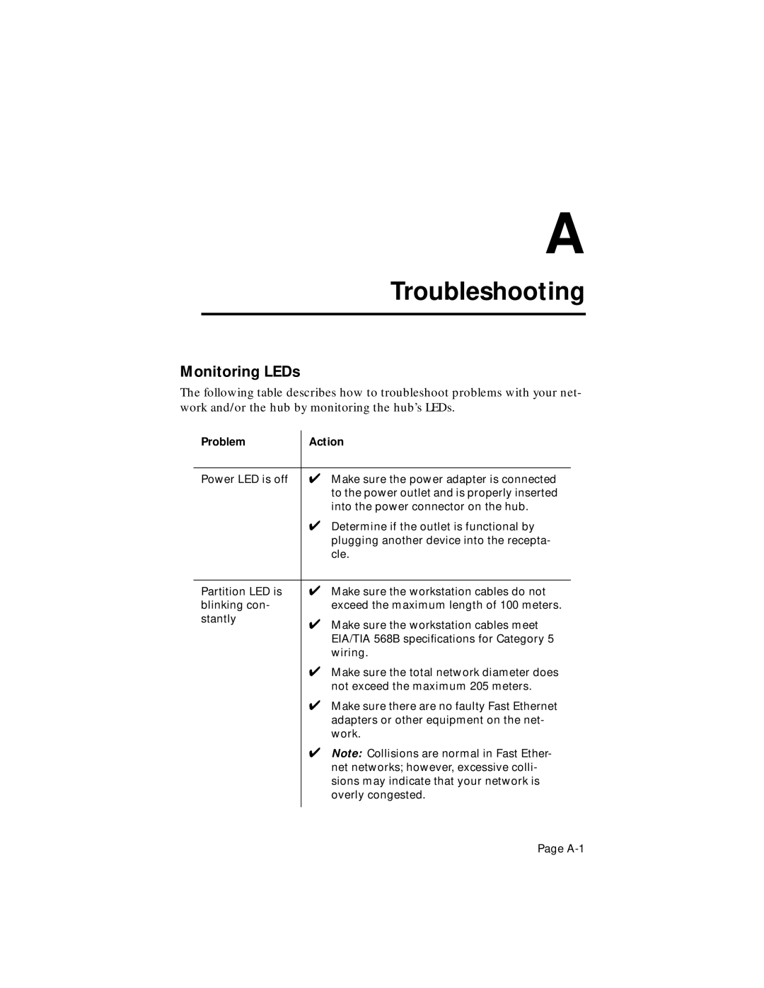 Asante Technologies FH100TX8, FH100TX16 user manual Troubleshooting, Monitoring LEDs 