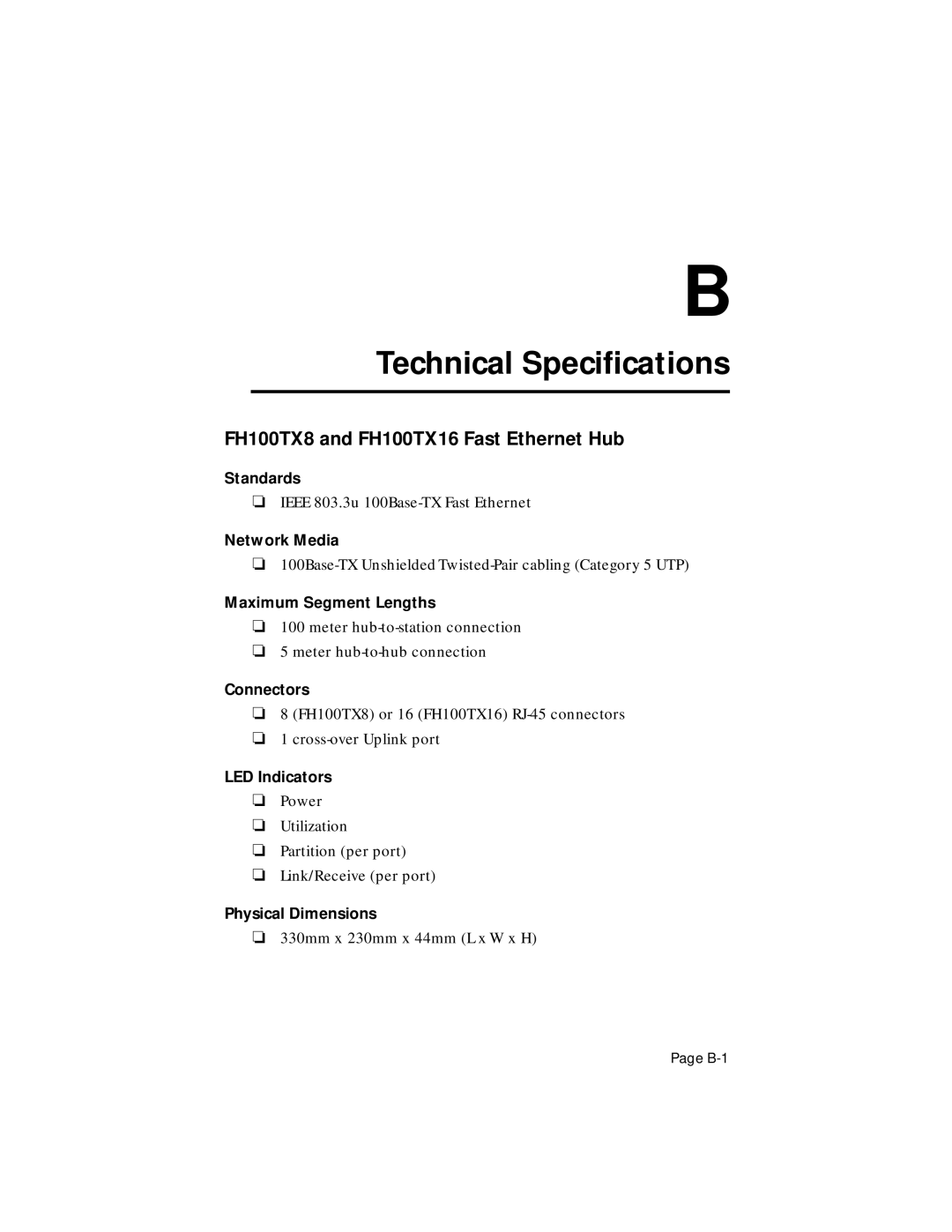 Asante Technologies user manual Technical Speciﬁcations, FH100TX8 and FH100TX16 Fast Ethernet Hub 