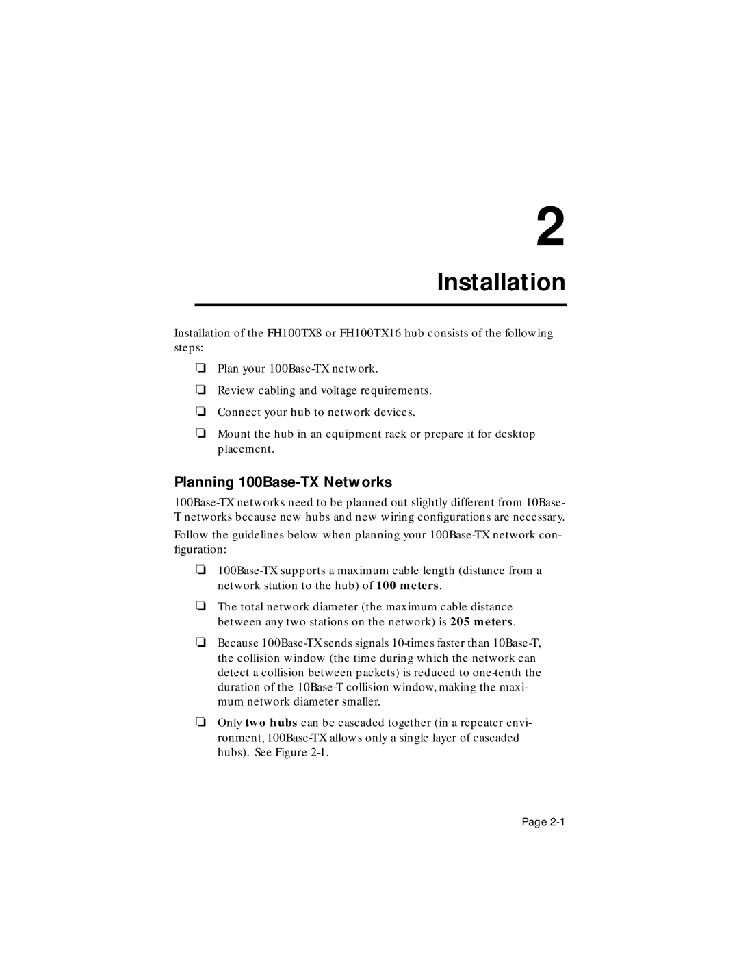 Asante Technologies FH100TX8, FH100TX16 user manual Installation, Planning 100Base-TX Networks 