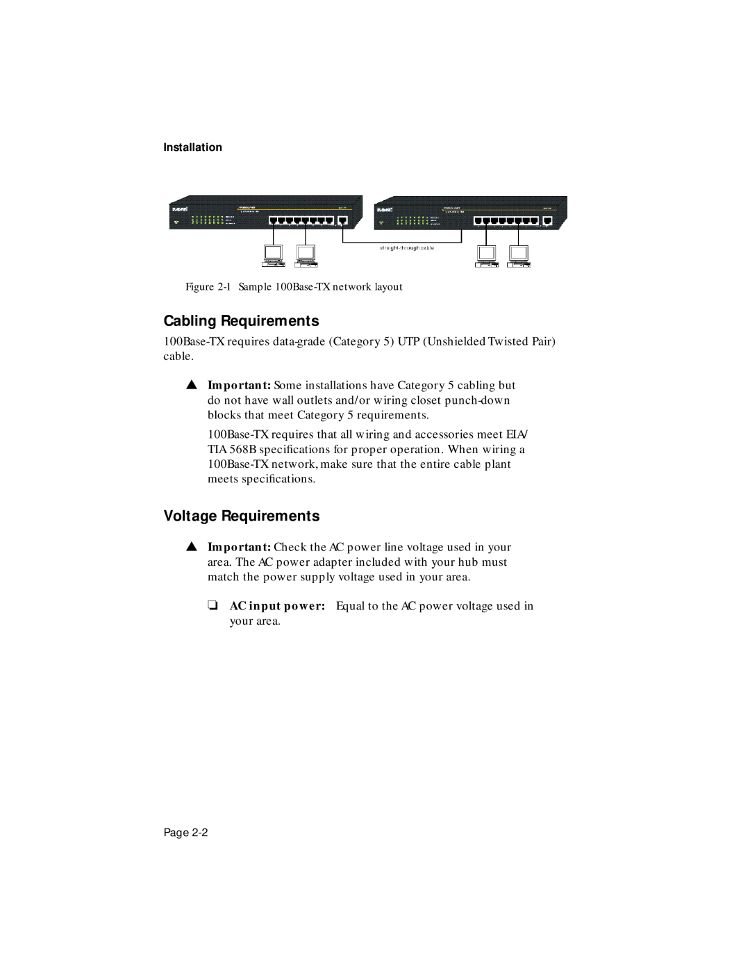 Asante Technologies FH100TX16, FH100TX8 user manual Cabling Requirements, Voltage Requirements 