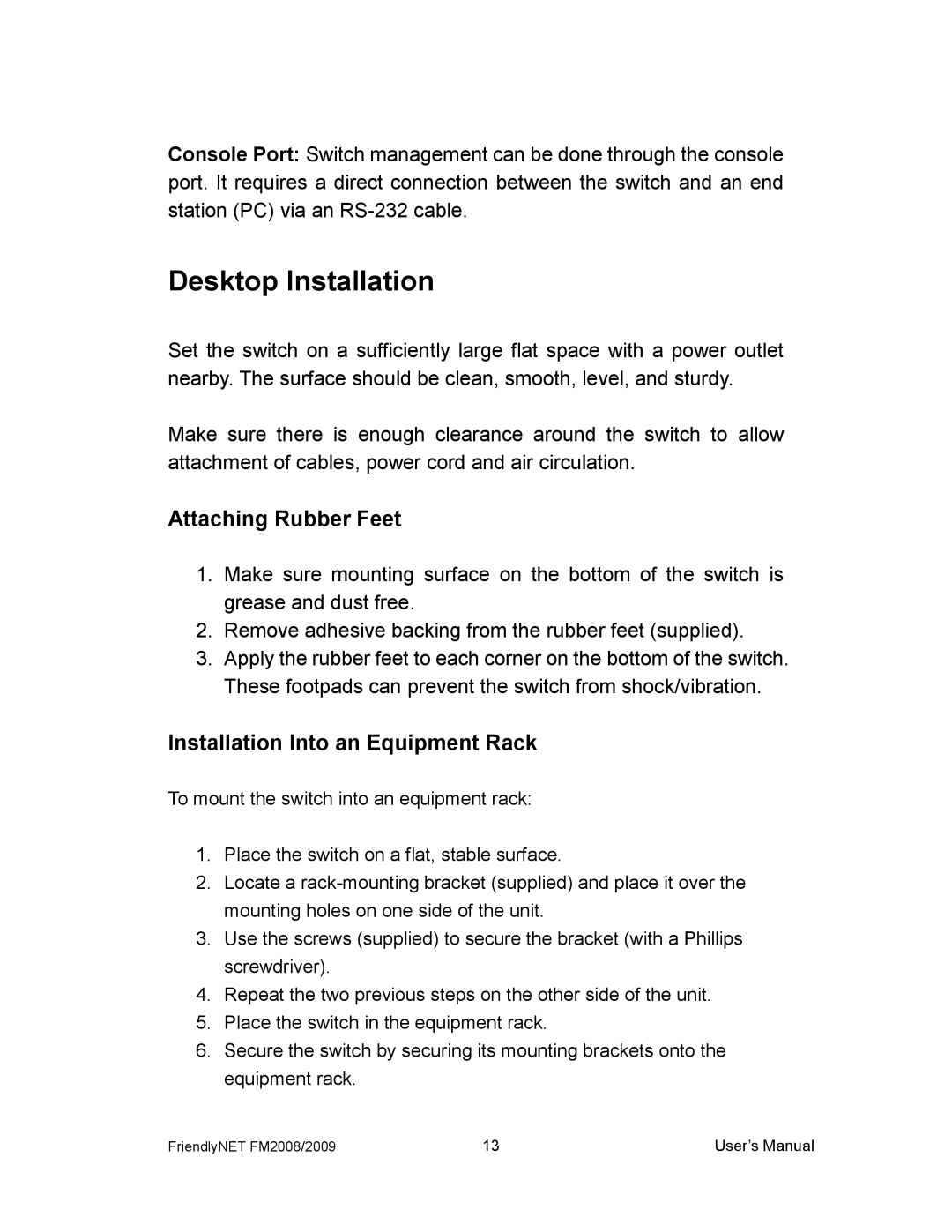 Asante Technologies FM2008/2009 user manual Attaching Rubber Feet, Installation Into an Equipment Rack 