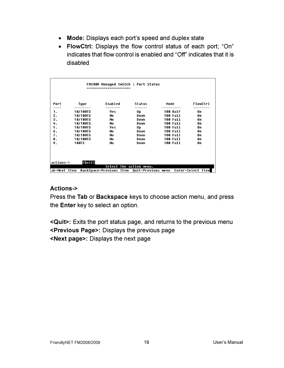 Asante Technologies FM2008/2009 user manual Actions- Press the Tab the Enter key 