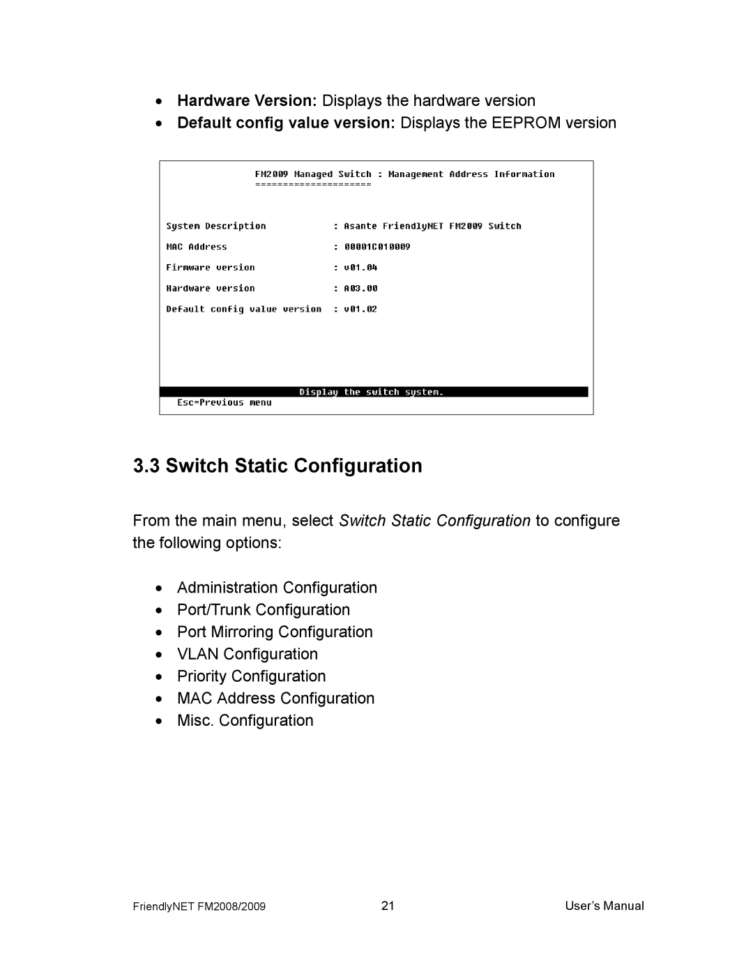 Asante Technologies FM2008/2009 user manual Switch Static Configuration 