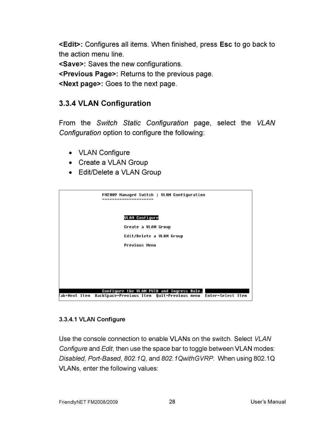 Asante Technologies FM2008/2009 user manual Vlan Configuration, Vlan Configure Create a Vlan Group Edit/Delete a Vlan Group 