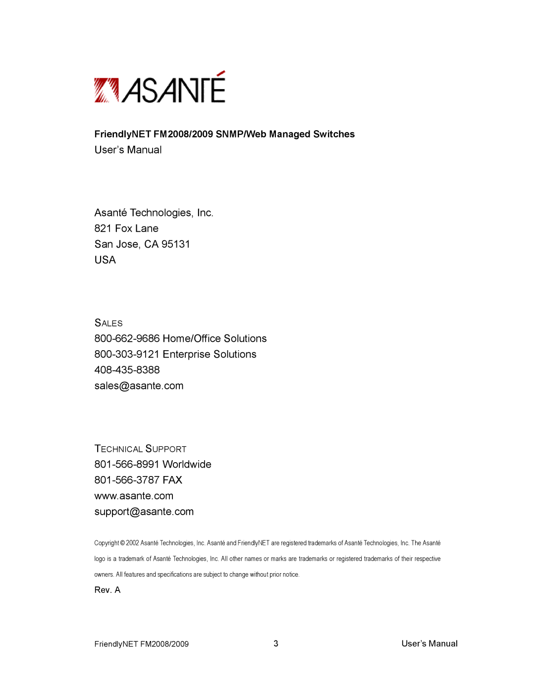 Asante Technologies FM2008/2009 user manual Usa 