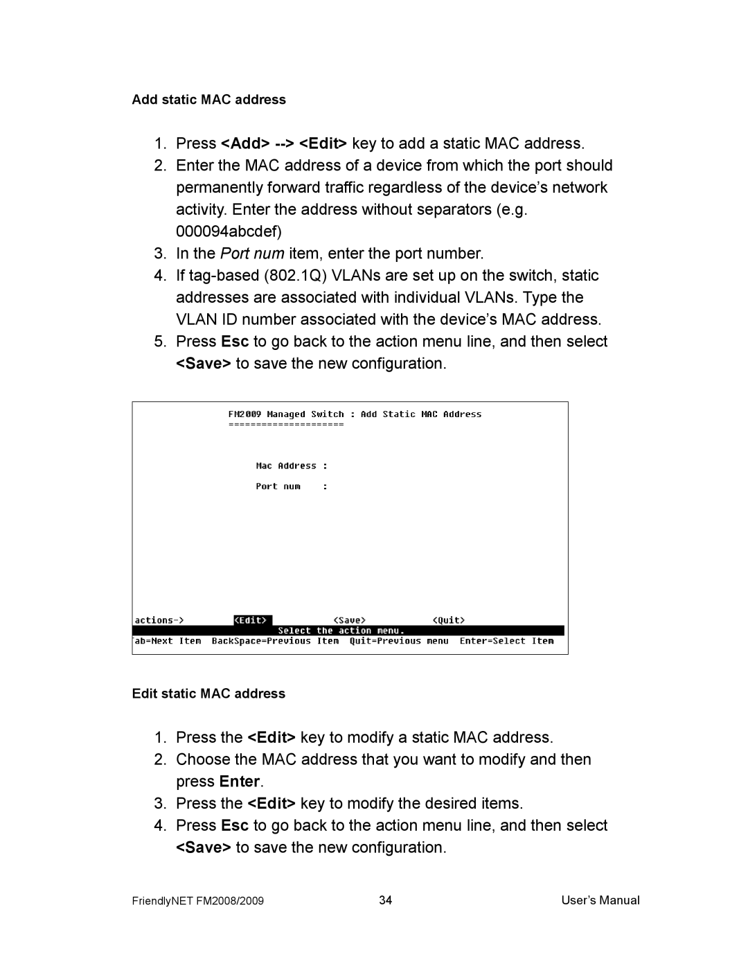 Asante Technologies FM2008/2009 user manual Add static MAC address 