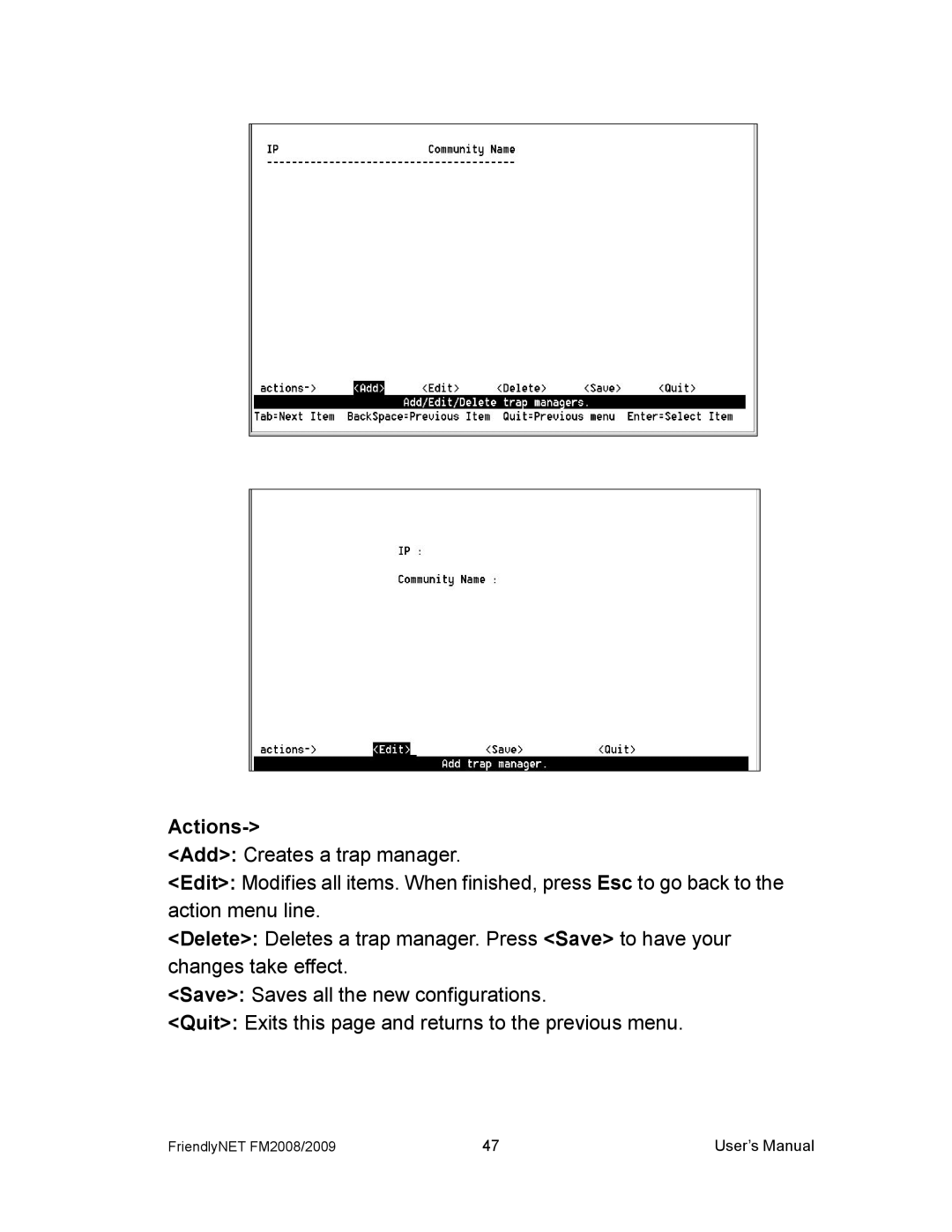 Asante Technologies FM2008/2009 user manual Actions 